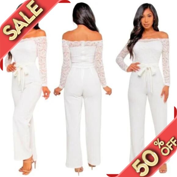 Blashe Pants - White Cold Shoulder Jumpsuit with Long Sleeves and Tie Belt SMALL